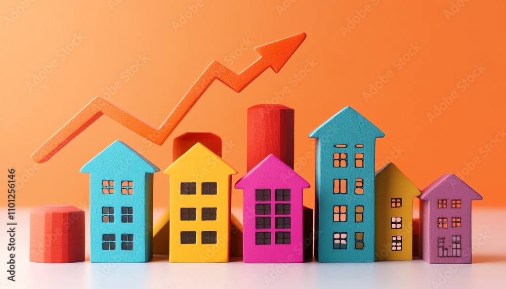 Fototapeta premium Vibrant real estate market growth concept with upward arrow and bar chart on a light background, representing rising property values and success