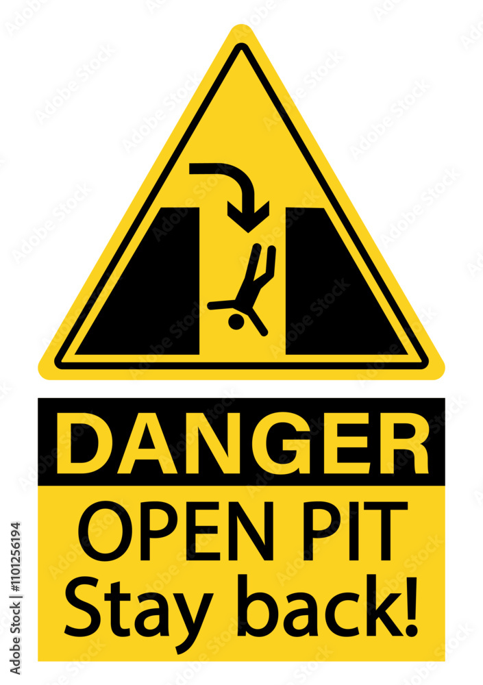 custom made wallpaper toronto digitalDanger, open pit. Stay back. Warning yellow triangle sign with a silhouette of person falling and directional arrow. Text.