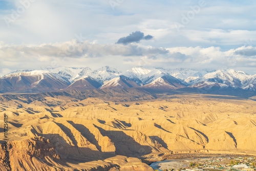 Stunning aerial view of a vast desert landscape with golden ridges and valleys, bordered by majestic snow-capped mountains under a dramatic sky. A breathtaking natural contrast of warm and cool tones.