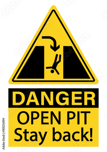 Danger, open pit. Stay back. Warning yellow triangle sign with a silhouette of person falling and directional arrow. Text.