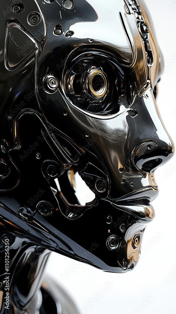 Close-up of a Sleek Chrome Robot Head: A Futuristic Vision of Artificial Intelligence Close-up of a Sleek Chrome Robot Head: A Futuristic Vision of Artificial Intelligence