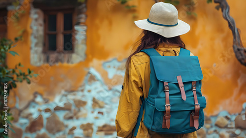 Backpack Traveler Illustration,  Woman Exploring Old Town photo