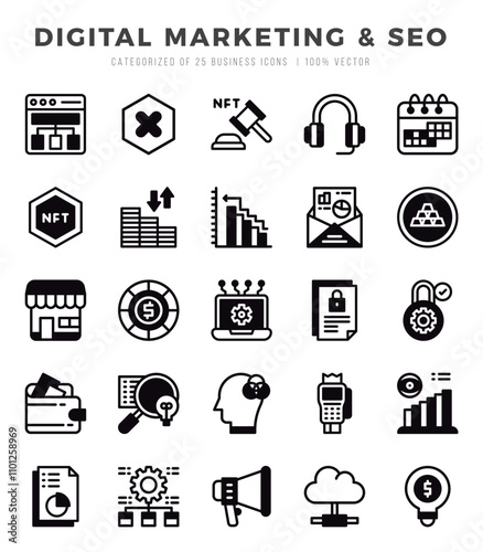 Vector Digital Marketing & SEO types icon set in Lineal Filled style. vector illustration.