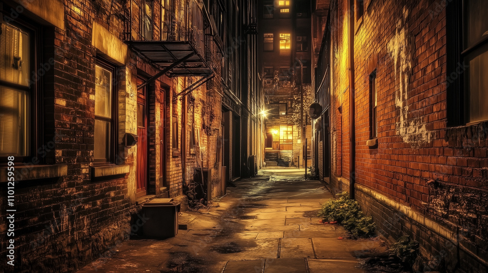 Fototapeta premium 夜に輝く赤レンガの路地裏|温かな灯りと静寂の空間