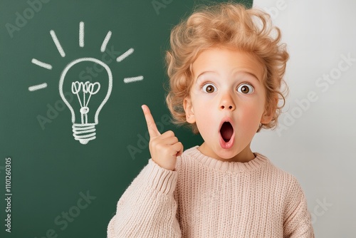 Curious caucasian child with idea concept on chalkboard background