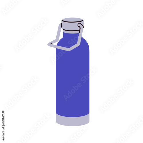 Thermos, insulated travel bottle with vacuum lid. Metal flask for hot beverage, tea drink. Portable thermo container for hiking, camping. Flat vector illustration isolated on white background