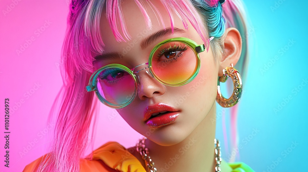 Fototapeta premium Realistic 3d cartoon style rendering, girl, summer trend fashion clothing, candycolor clothes, new pop portrait, fashion illustration, vibrant colors, 
