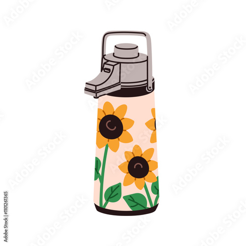 Thermos, retro style thermo bottle. Insulated vacuum container with flower pattern. Hot beverage, drink in travel thermal flask with lid. Colored flat vector illustration isolated on white background
