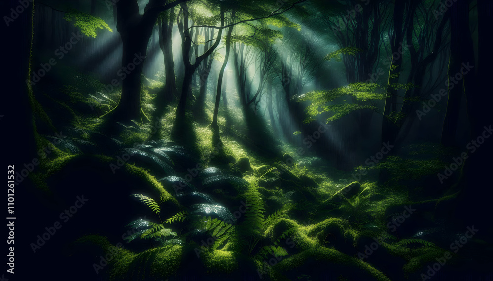 Naklejka premium Nature Shadows play on forest leaves as light rain falls gently through the canopy2