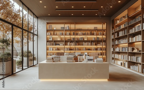 Bright modern bookstore interior with beige book displayed on a counter, contemporary decor, ambient lighting, highquality render photo