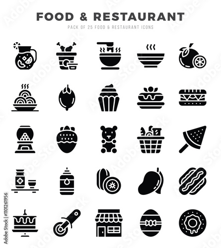 Set of simple Glyph Food and Restaurant Icons. Glyph art icons pack.