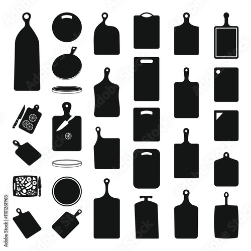Set of cutting board silhouettes. Cutting Board SVG Illustration, Kitchen board contour. Boards for serving dishes, board for bread. Shapes for laser cutting, vector