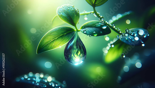 Nature Crystal-clear droplet about to fall from a vibrant green leaf3 photo