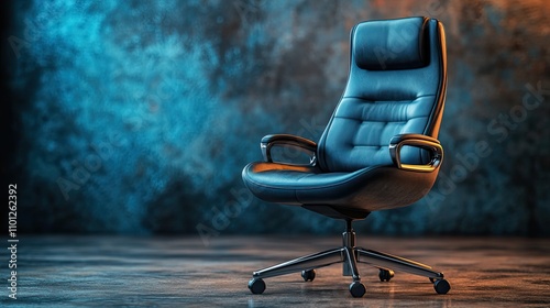 photo of a strong and realistic office chair with black background and faded blue in the backgroun photo