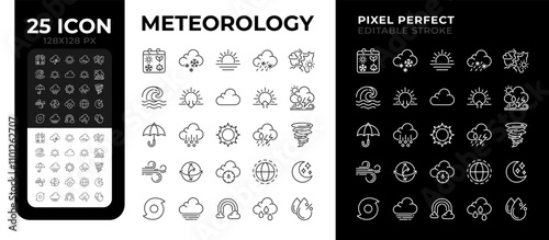 Meteorology linear icons set for dark, light mode. Weather forecast symbols. Precipitations, temperature and wind icons. Thin line symbols for night, day theme. Isolated illustrations. Editable stroke