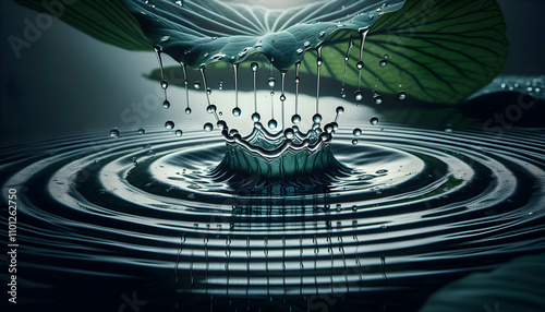 Nature Cascading water droplets creating rhythmic ripples on a calm leaf surface4 photo