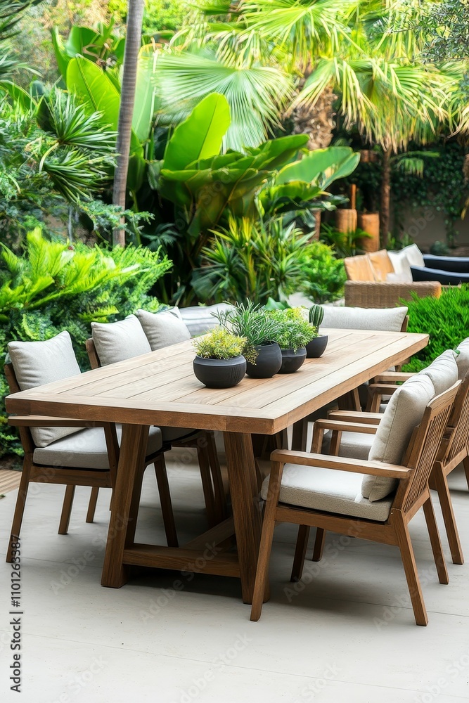 Obraz premium Wooden patio table, chairs, plants, lush greenery.