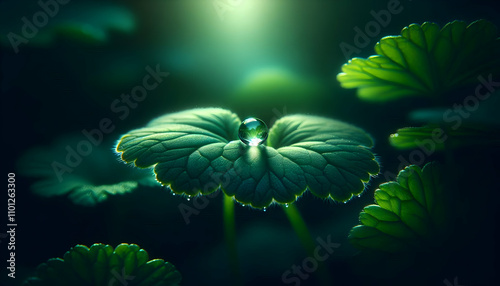 Nature A single, sparkling water droplet hovering delicately from the tip of a lush green leaf1 photo