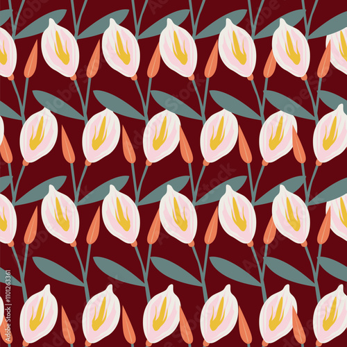 Trendy Floral pattern in the many kind of flowers. Tropical botanical Motifs scattered random. Seamless vector texture. Printing with in hand drawn style on dark background