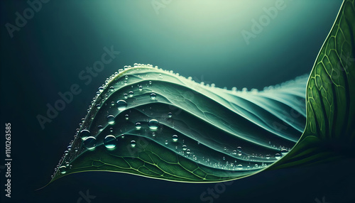 Nature A minimalist shot of water bubbles clinging to the edges of a curved green leaf1 photo