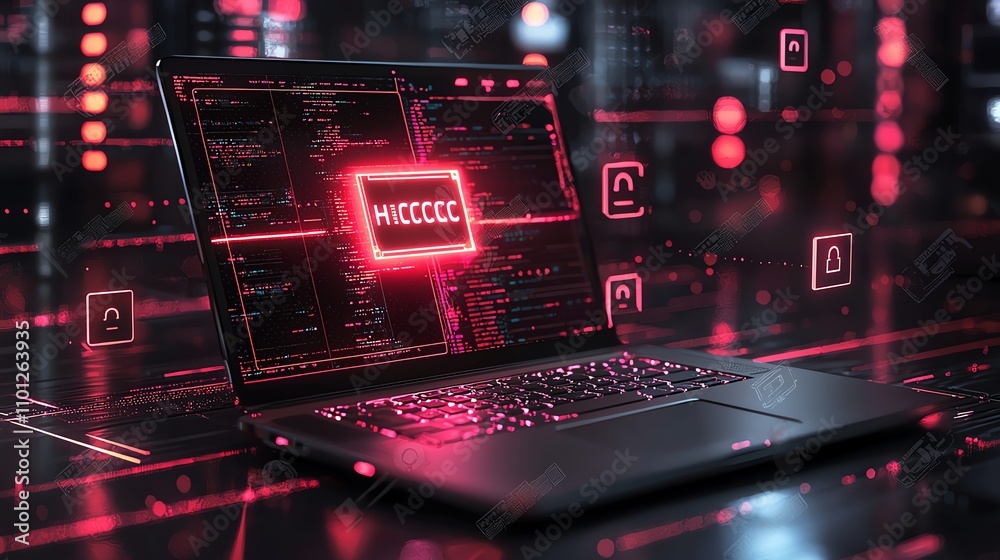 Obraz premium Laptop with digital screen and security symbols.