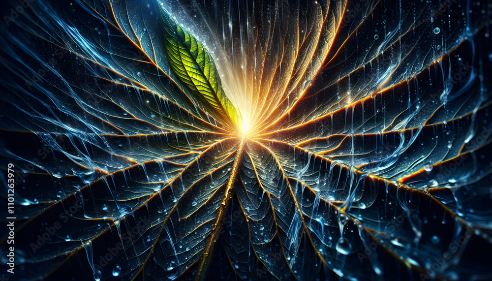 Fototapeta premium Nature A dynamic composition showing rain droplets cascading down the veins of a large leaf