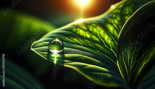 Nature A droplet reflecting sunlight as it balances on the edge of a vibrant green leaf1 photo