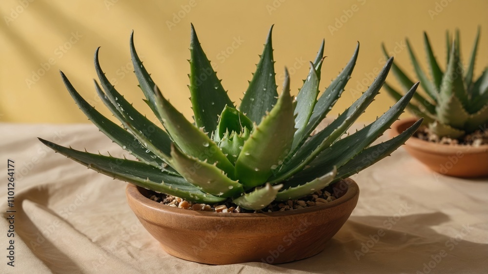 Fototapeta premium Aloe slice on light yellow background display