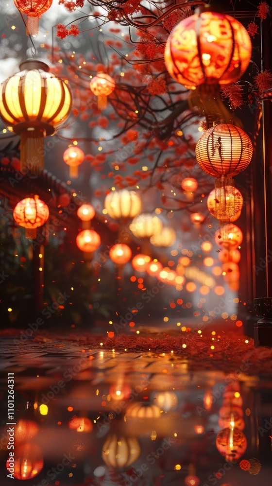 Obraz premium Glowing Chinese lanterns floating and reflecting in the rain on a cozy atmospheric city street at night This festive magical scene captures the beauty and charm of Chinese New Year