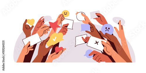 Split society concept. Two opposite social groups, teams in conflict, confrontation. Discussion, communication. Hands holding opinion symbols. Flat vector illustration isolated on white background