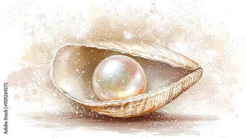 Realistic clam shell with a luminous pearl