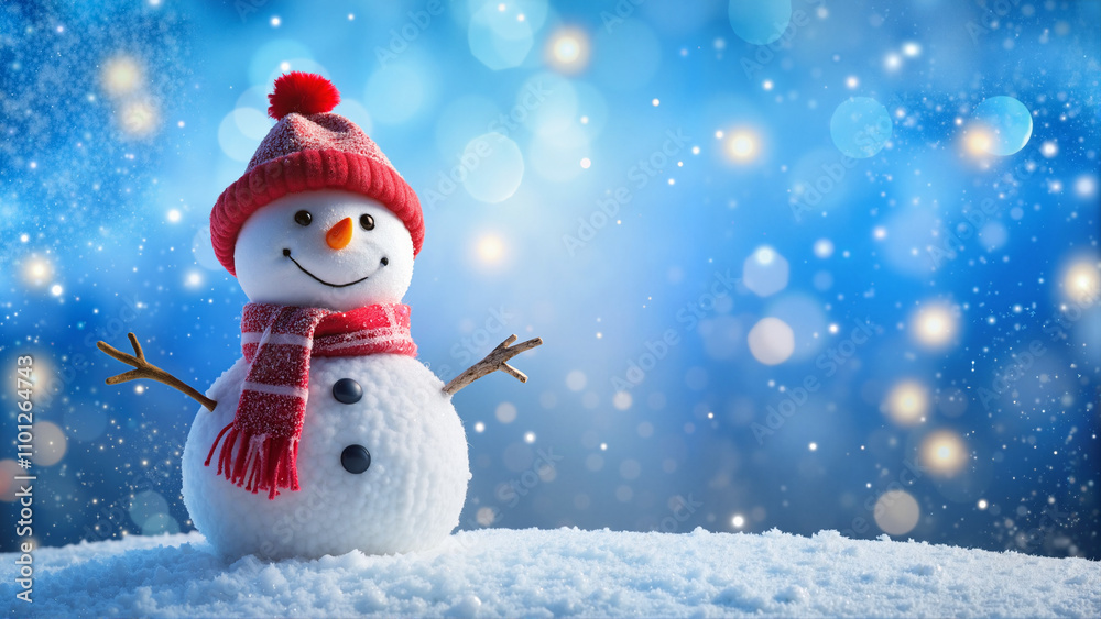 Fototapeta premium Snowman with red scarf on snowy field