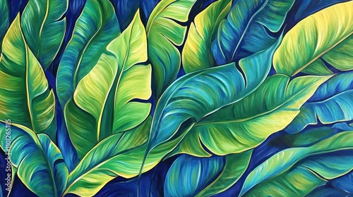 A vibrant depiction of tropical leaves in various shades of green and blue.
