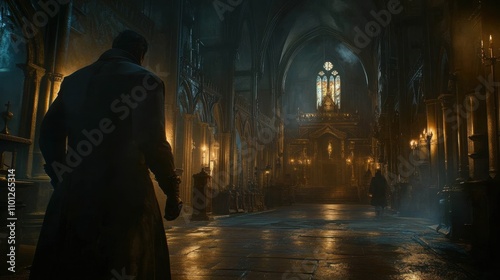 Mysterious Man Walks Through Dimly Lit Medieval Cathedral