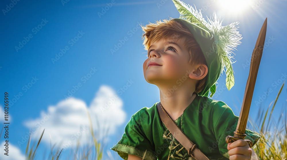 Child in Peter Pan Costume Holding Wooden Sword in Fancy Dress Child in Peter Pan Costume Holding Wooden Sword in Fancy Dress