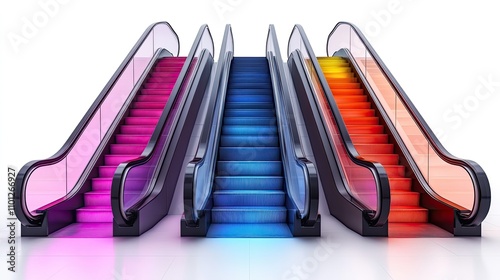 realistic isolated isometric single double and triple excalators on a white background elevating the escalator a moving staircase that functions as a vertical escalato photo