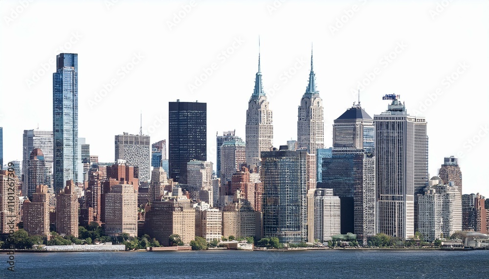 Fototapeta premium The New York City skyline, featuring prominent skyscrapers and a waterfront view.
