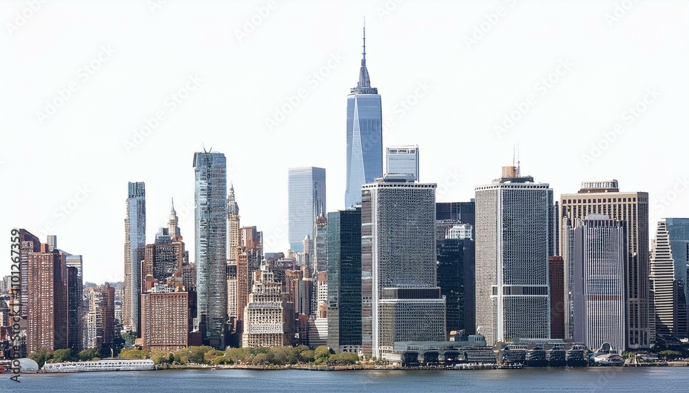 Obraz premium The iconic New York City skyline featuring skyscrapers, modern architecture, and a waterfront under a clear sky.