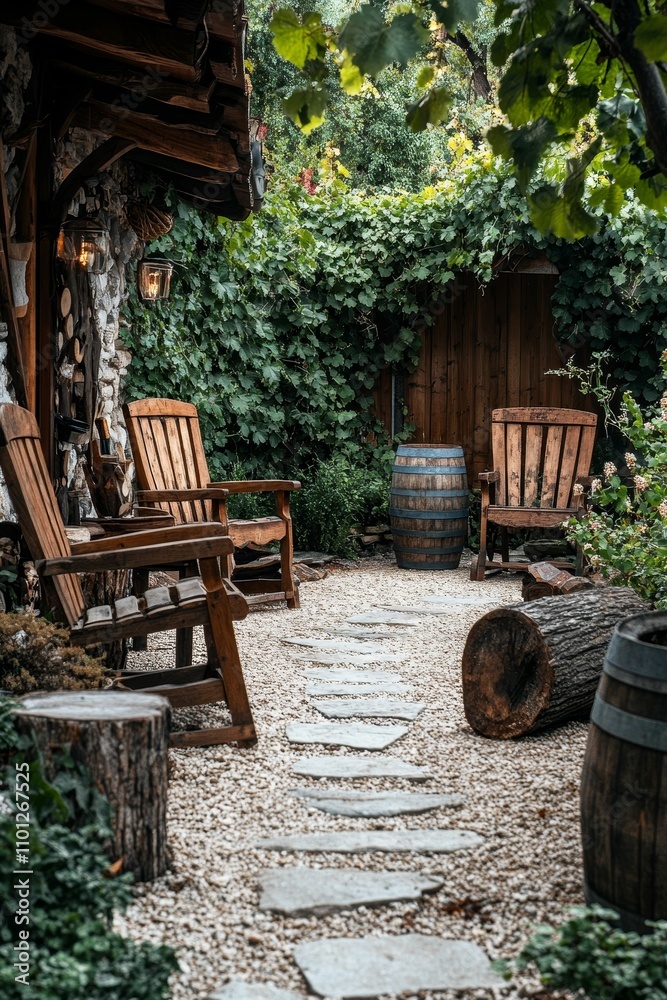 Rustic wooden chairs, stone path, garden setting. Rustic wooden chairs, stone path, garden setting.