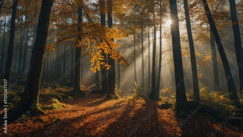 Fototapeta premium Autumn forest landscape illuminated by sun rays