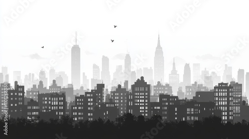 Vector Illustration of City Skyline with Flat Design and Grayscale Palette