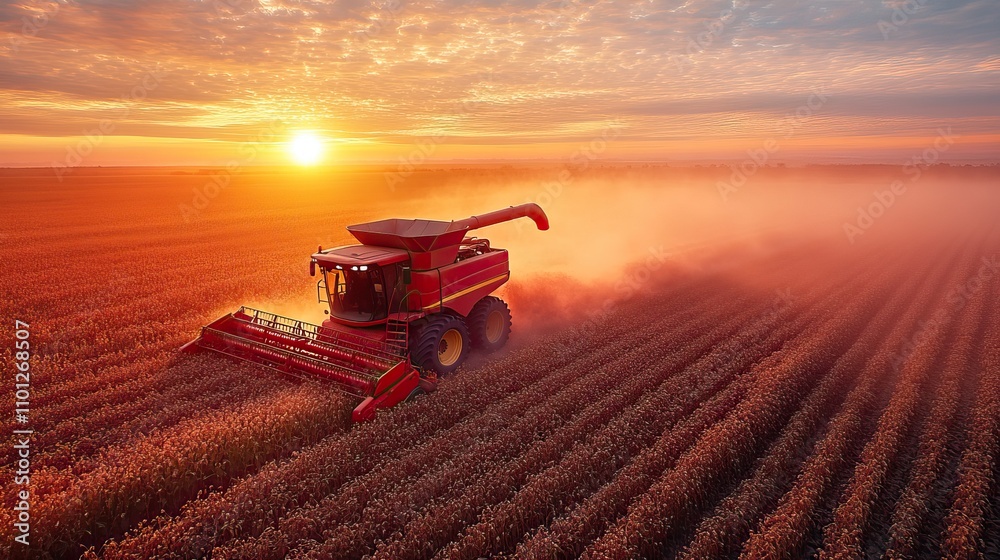 Fototapeta premium red combine harvester soybean harvest against the backdrop of the sun in the sky the farm operates in the field in the autumn seaso