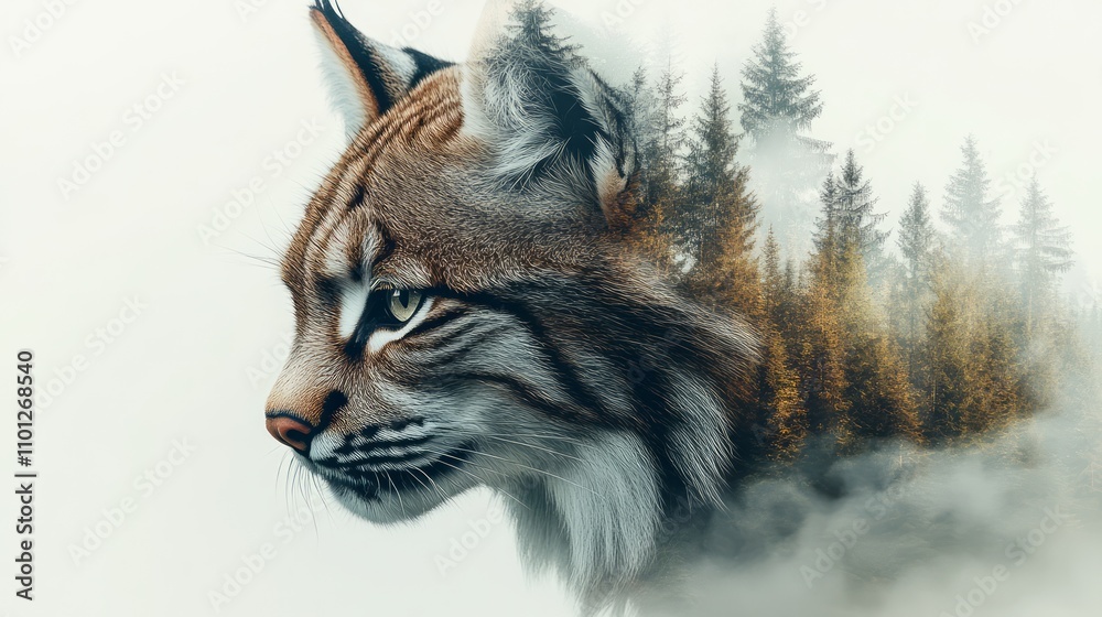 Obraz premium Lynx profile portrait double exposed with autumn forest.