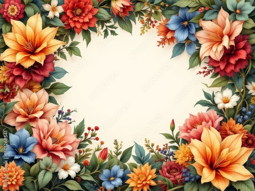 Fototapeta premium Vibrant floral greeting card, ornate design, colorful accents.