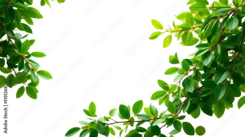 Obraz premium Greenery leaves swirling around a central copy space on a nature background in an AI generative design, movement, leaves