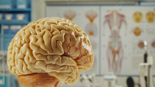 Close-up of human brain model with highlighted nerve damage areas, symbolizing nerve disease and medical research, with anatomical charts and medical equipment in context.