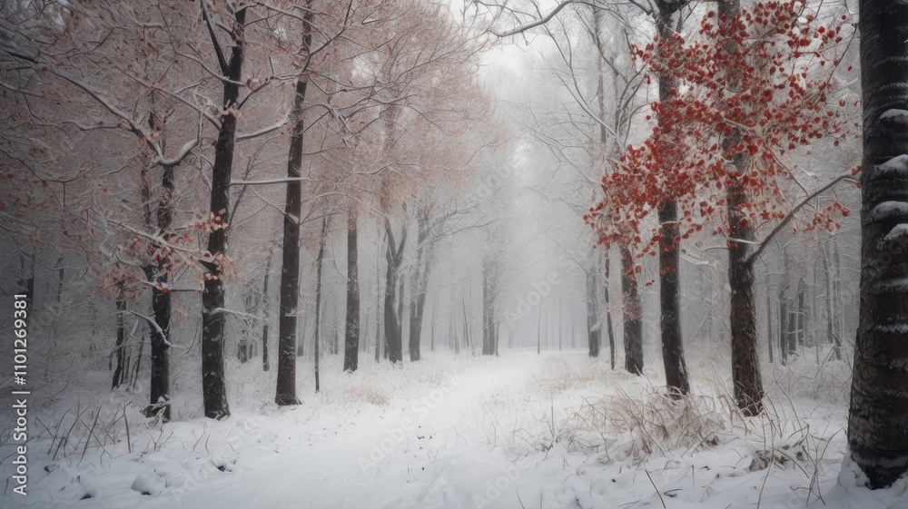 Fototapeta premium Winter forest at snowfall with red wild apple trees