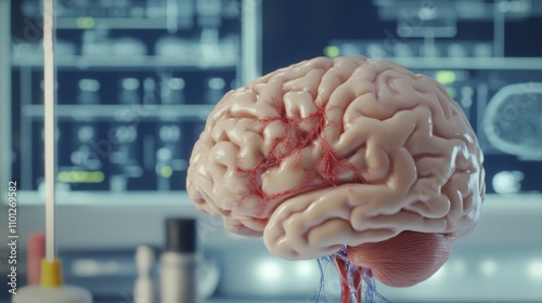 Close-up of human brain model with highlighted nerve damage areas, symbolizing nerve disease and medical research, with anatomical charts and medical equipment in context.