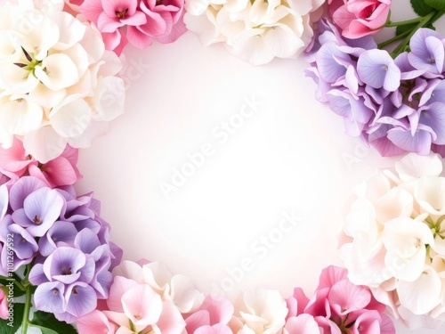 Hydrangea flowers circle frame blank center white background, blank, pastel