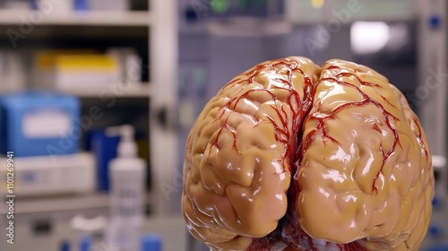Close-up of human brain model with highlighted nerve damage areas, symbolizing nerve disease and medical research, with anatomical charts and medical equipment in context.